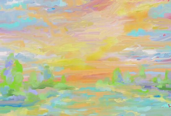Abstract landscape panting of lake and trees at sunset